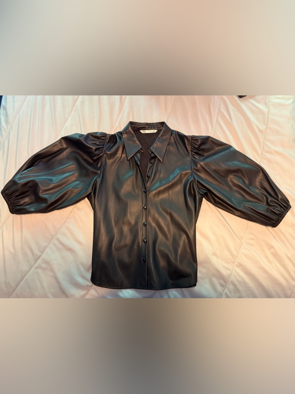 Zara Black Faux Leather Puff Sleeve Button-Down Shirt